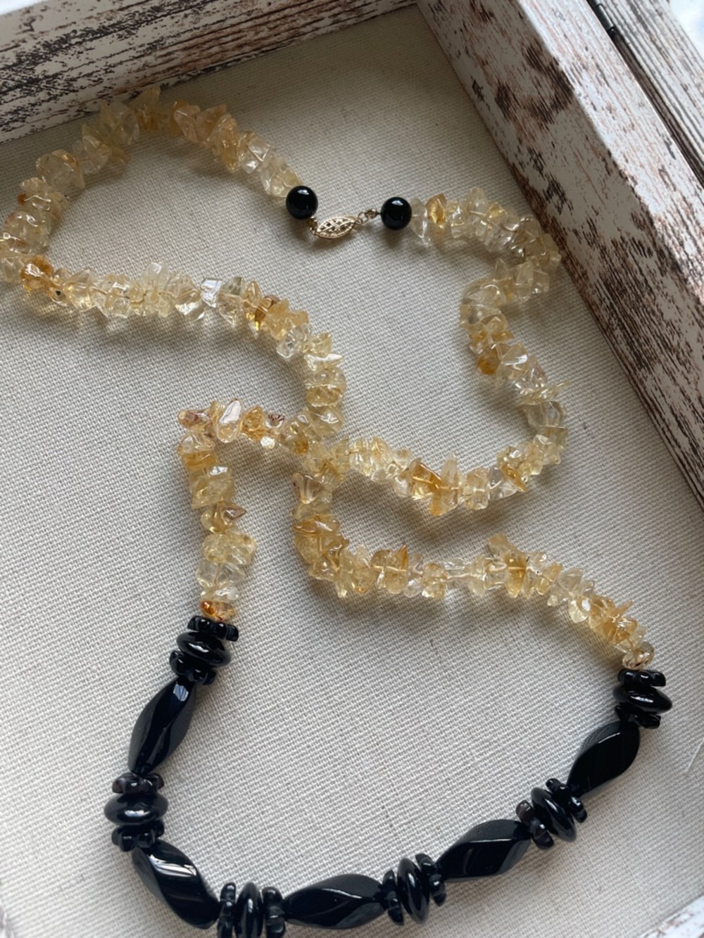 Vintage 14k Citrine, Onyx Opera Length Necklace 14k Clasp